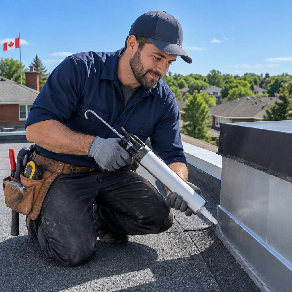 Handyman sealing roof flashing on a sunny rooftop